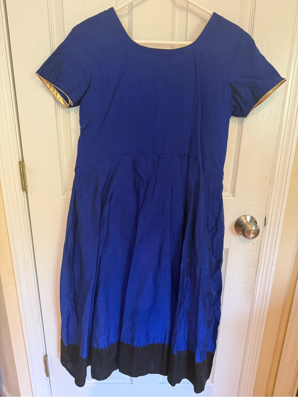 Womens Royal Blue Short Sleeve anarkali kurti  with Black Hem